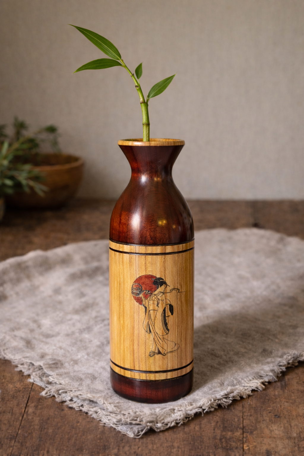 Japanese Style Cherry Wood Vase 9.5”