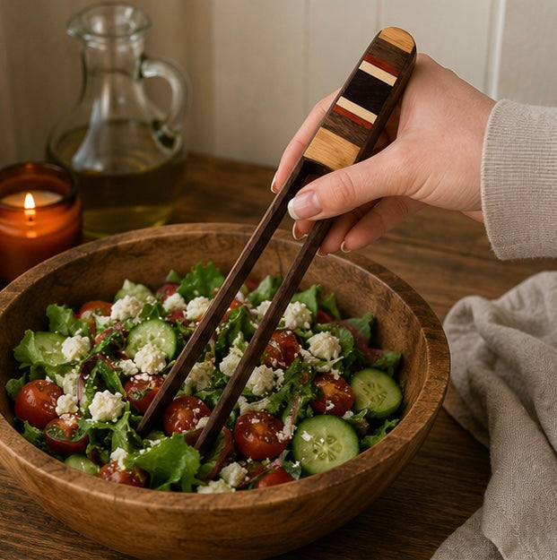 Handcrafted Wooden Salad Tongs with Inlay Detail