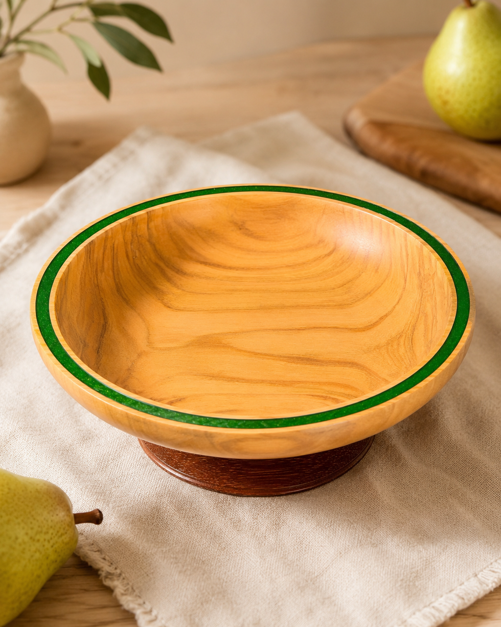 Handmade Wooden Bowl with Green Resin Inlay