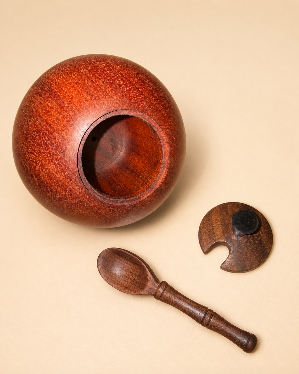 Handmade Sapele Salt Cellar with Walnut Lid & Spoon