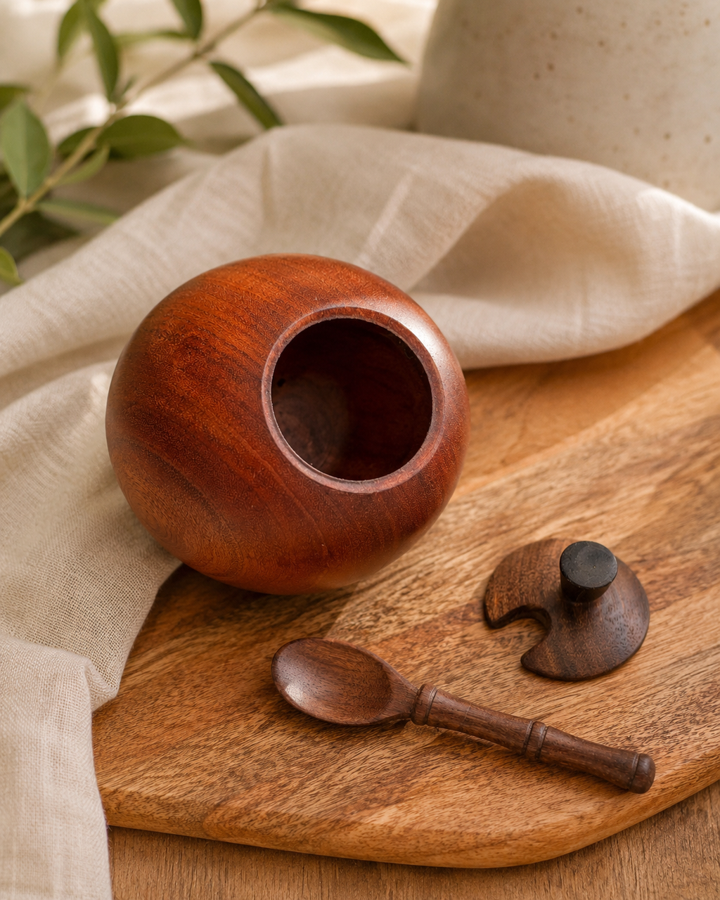 Handmade Sapele Salt Cellar with Walnut Lid & Spoon
