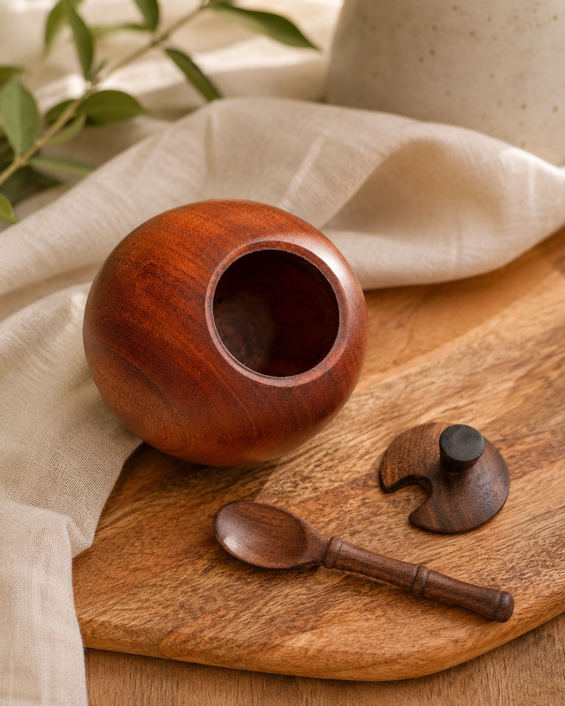 Handmade Sapele Salt Cellar with Walnut Lid & Spoon